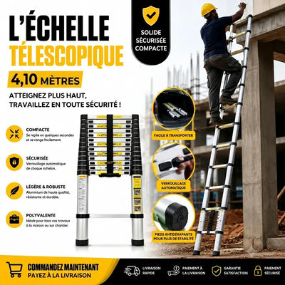 Echelle Télescopique Polyvalente 4,10M – Légère, Sécurisée et Facile à Ranger 🔧