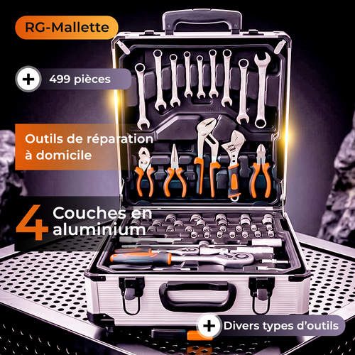 Rbi -Mallette à outils 499 pièces ensemble d'outils de réparation à domicile à 4 couches en aluminium